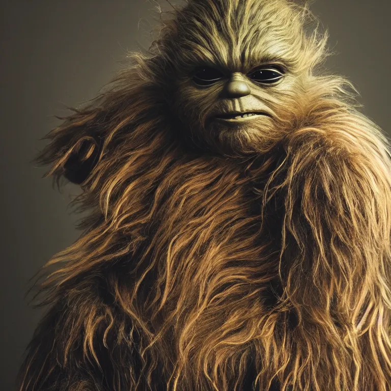 Image similar to chewbacca yoda hybrid from star wars, high quality portrait photoshoot, bokeh, studio lighting, high fashion photoshoot, nebula space background, 8 k