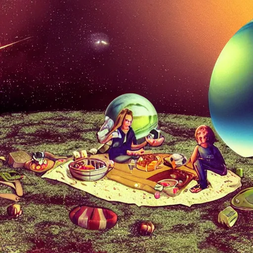 Image similar to aliens having a picnic in the spot on uranus