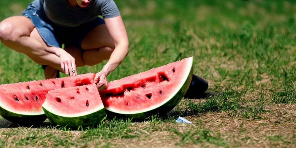 Prompt: scarlett johansson kicking and smashing a watermelon, film still, highly detailed, film grain, behind the scenes, photorealism