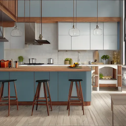 Image similar to interior of a kitchen, golbehi color scheme, photorealist, 4 k