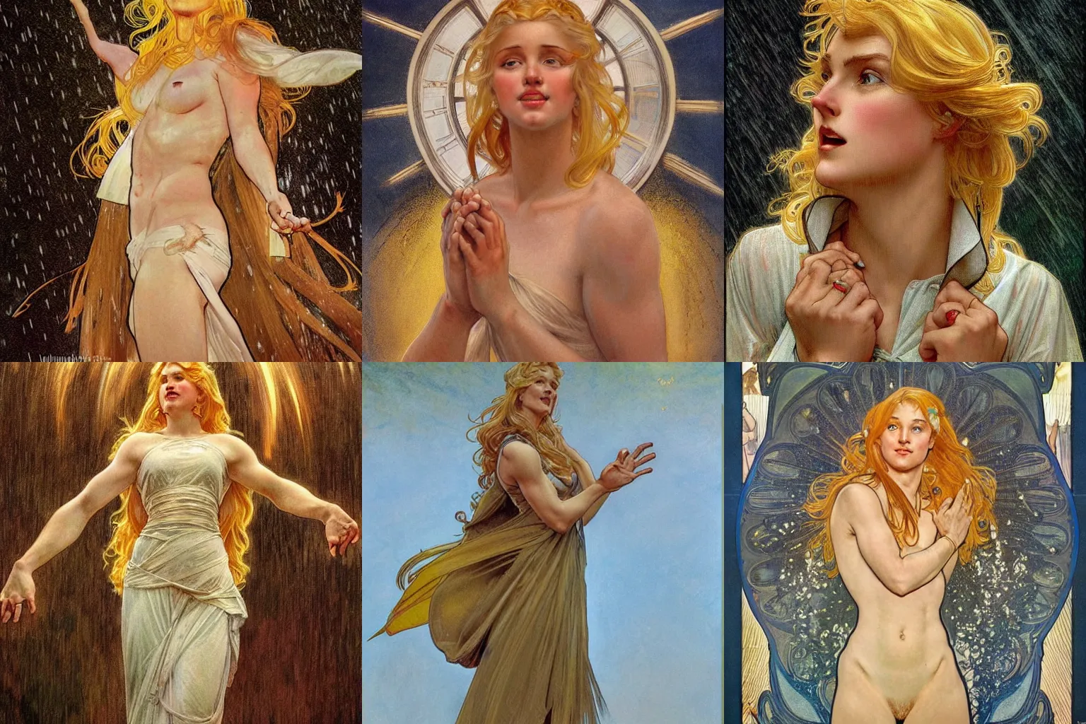 Prompt: a demigod with blond hair standing in a rainstorm raising her hand to summon a streak of lightning from the sky. Detailed masterpiece. Drawn by Norman Rockwell and Alphonse Mucha. Trending on artstation.