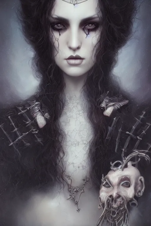 Prompt: Portrait of beautiful goth wizard, dark fantasy art by Tom Bagshaw, highly detailed, trending on artstation, artstationHD, artstationHQ, 4k, 8k