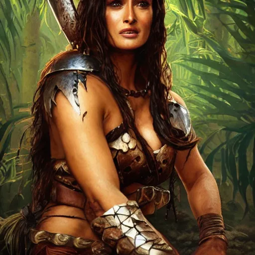 Image similar to portrait of salma hayek as barbarian warrior in a jungle, au naturel, hyper detailed, digital art, trending in artstation, cinematic lighting, studio quality, smooth render, unreal engine 5 rendered, octane rendered, art style by klimt and nixeu and ian sprigger and wlop and krenz cushart.