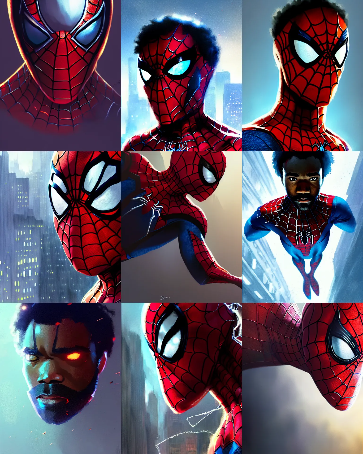 Prompt: Donald Glover as Spider-Man, medium shot close up, details, sharp focus, illustration, by Jordan Grimmer and greg rutkowski, Trending artstation, pixiv, digital Art