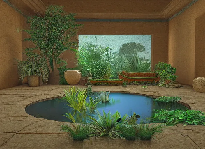 Image similar to Ancient Egypt interior with a pond and plants, digital art