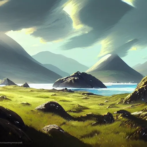 Prompt: the mountains of mourne in ireland sweeping down to the sea, highly detailed, digital painting, concept art, sharp focus, by makoto shinkai