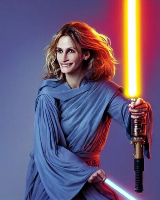 Image similar to julia roberts, dressed as jedi knight with a lightsaber, colorful, realistic, high resolution