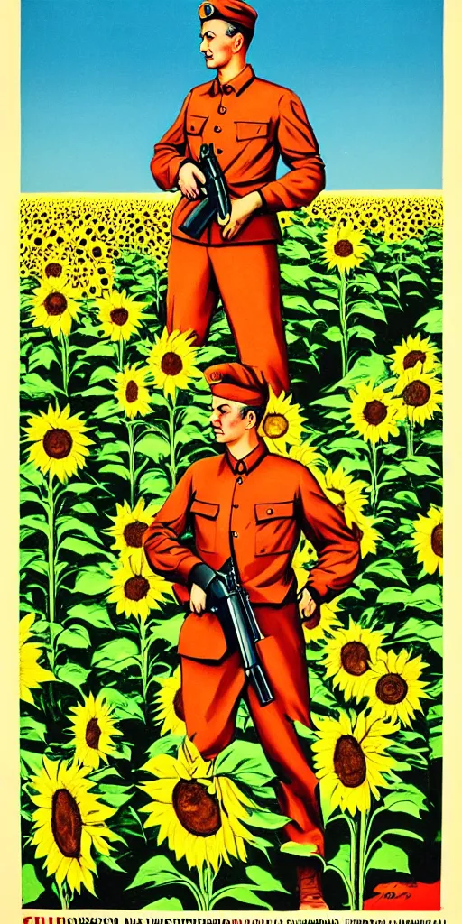 Image similar to Communist Propaganda Poster of a soldier in a sunflower field holding an Steyr AUG.