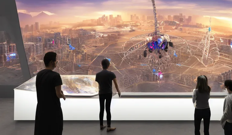 Prompt: group of people in simple white museum, looking at hologram of futuristic city on a table, cinematic concept art, godrays, golden hour, natural sunlight, 4 k, clear details, tabletop model buildings, center model buildings, hologram center, crane shot, crane shot, crane shot