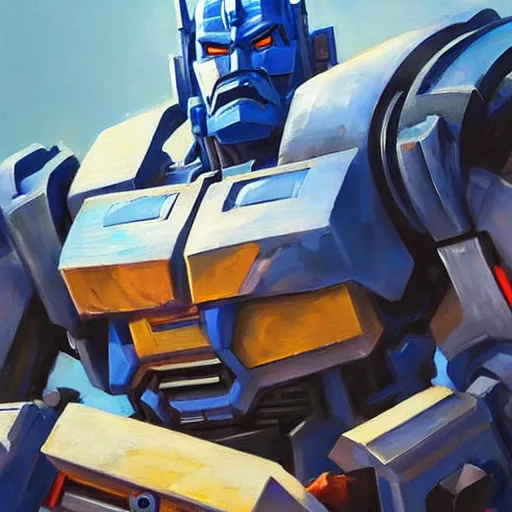 Image similar to greg manchess portrait painting of optimus prime as overwatch character, medium shot, asymmetrical, profile picture, organic painting, sunny day, matte painting, bold shapes, hard edges, street art, trending on artstation, by huang guangjian and gil elvgren and sachin teng