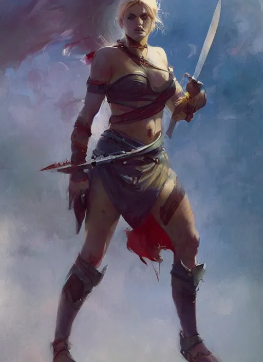 Image similar to hyper realistic warrior girl with sword in her hand, full body, rule of thirds, human proportion, good anatomy, beautiful face, conceptart, saturated colors, cinematic, vallejo, frazetta, greg rutkowski