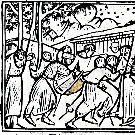 Prompt: medieval wood cut depicting scenes of serfs and Knights encountering UFO
