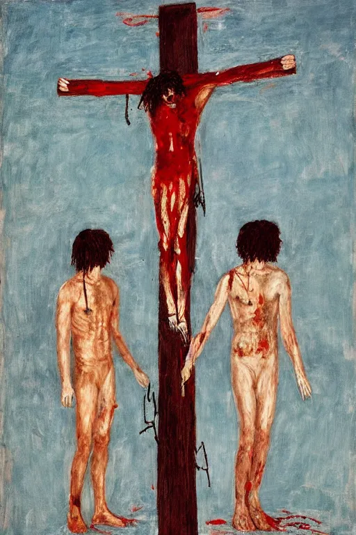 Image similar to bloody jesus christ crucified painted by cy twombly and alex katz