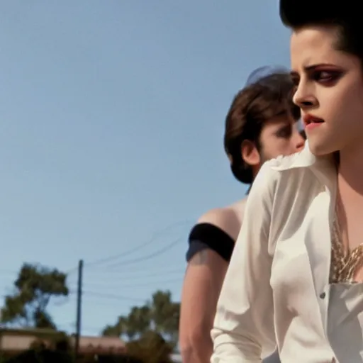 Prompt: kristen stewart as a young elvis presley, movie still, lens distortion, cinematic widescreen, short dof