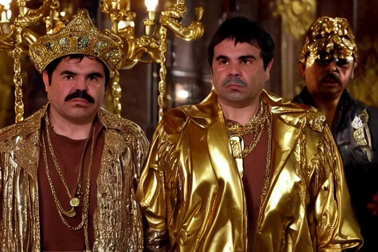 Image similar to el chapo is a genie standing in the middle of a grandiose mexican mansion. everything is made out of gold. the mansion is incredible and ornate. chapo has a clockwork chain. there are princesses and queens everywhere around him because they love him. wearing a genie costume. lovely scene of a genie being a pimp