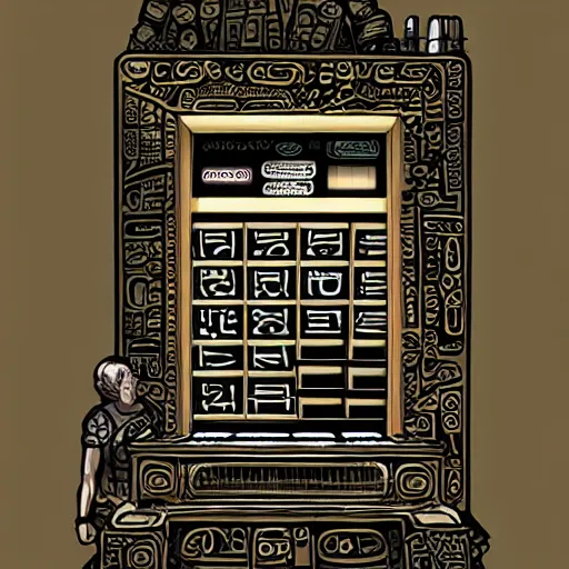 Image similar to a necromantic and depressed mayan vending machine drawn by Sam Youn artstation and Aka Akiman, cinematic lighting, amazing award winning perfect capture, detailed