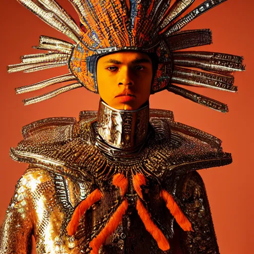 Prompt: a portrait of a beautiful young mexican male wearing an alexander mcqueen armor made of orange ceramic , photographed by andrew thomas huang, artistic