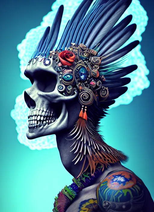 Image similar to 3 d shaman with tattoos profile portrait, sigma 5 0 0 mm f / 5. beautiful intricate highly detailed quetzalcoatl skull and feathers. bioluminescent, plasma, lava, ice, water, wind, creature, thunderstorm! artwork by tooth wu and wlop and beeple and greg rutkowski, 8 k trending on artstation,