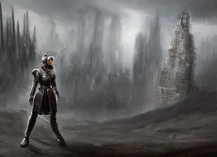 Image similar to landscape of a future city, a young english woman between the ages of 2 0 - 2 5 years, wearing armor and pointing a dagger, wearing a face full of anger. cinematic capture, dramatic condition, fine art, modern realism, sharp focus, good lighting, trending on artstation, trending on tiktok, smooth drawing, elegant, authoritative, without anomalies.