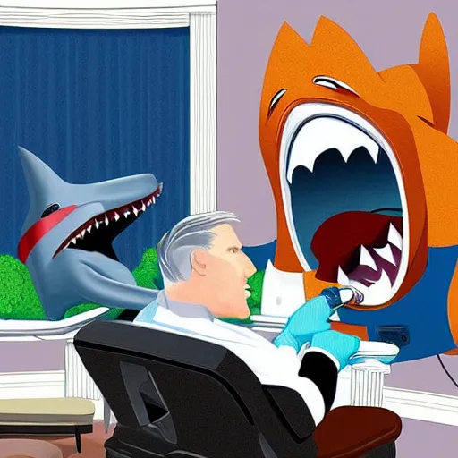 Prompt: cartoon shark having dental work in the dentist chair by president trump in the Oval Office