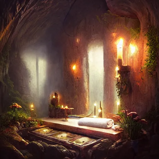 Image similar to cozy bathhouse hidden in a cave, candlelight, towels, cushions, natural light, lush plants and flowers, elegant, intricate, fantasy, atmospheric lighting, by Greg rutkowski