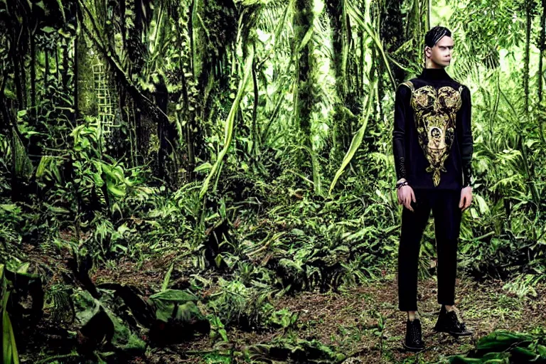 Image similar to versace avant garde male tunics intricate modern choatic textiles streetwear cyberpunk posing in the jungle woods cloudy overcast dark dramatic mysterious