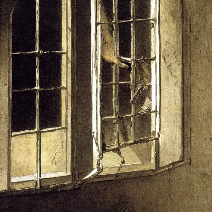 Prompt: painting of a broken window with the bloody hand of a woman sticking through the glass by caspar david friedrich