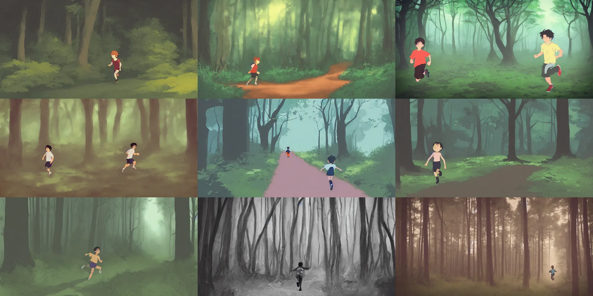 Prompt: “a boy running fast through a dimly lit forest, in the style of Studio Ghibli”