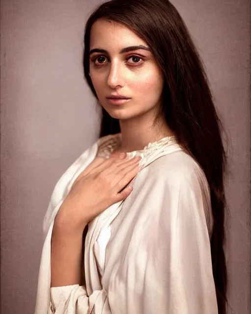 Prompt: a highly realistic, true to life portrait of a beautiful young middle eastern girl, soft focus, from the waist up, with sharp features, a beautiful face, soft smile, under studio lighting, taken with a canon eos camera with 1 3 5 mm focal length by karol bak, james jean, tom bagshaw, rococo, sharp focus, trending on artstation,