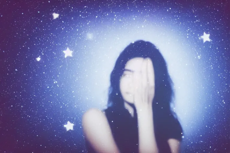 Prompt: blured shadow of sleepy young woman on white light, focused background blue night sky with stars, polaroid photo