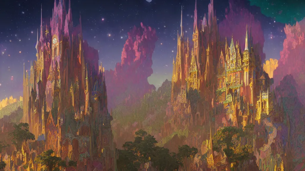 Prompt: a beautiful highly detailed matte painting of colorful castle nebulas by moebius, alphonse mucha, subject in view, highly detailed, intricate design, 8 k resolution, octane render, trending on artstation and cgsociety