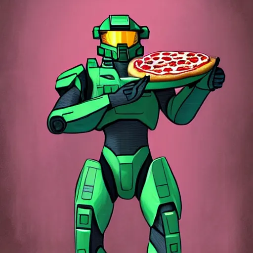 Prompt: Master Chief from Halo getting a pizza from Spiderman at an old apartment, digital painting