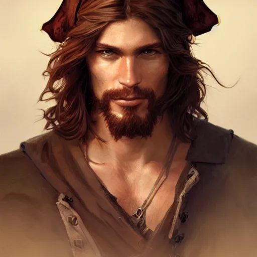 Image similar to portrait of a young ruggedly handsome but easygoing pirate, male, masculine, upper body, red hair, long hair, d & d, fantasy, intricate, elegant, highly detailed, digital painting, artstation, concept art, matte, sharp focus, illustration, art by artgerm and greg rutkowski and alphonse mucha