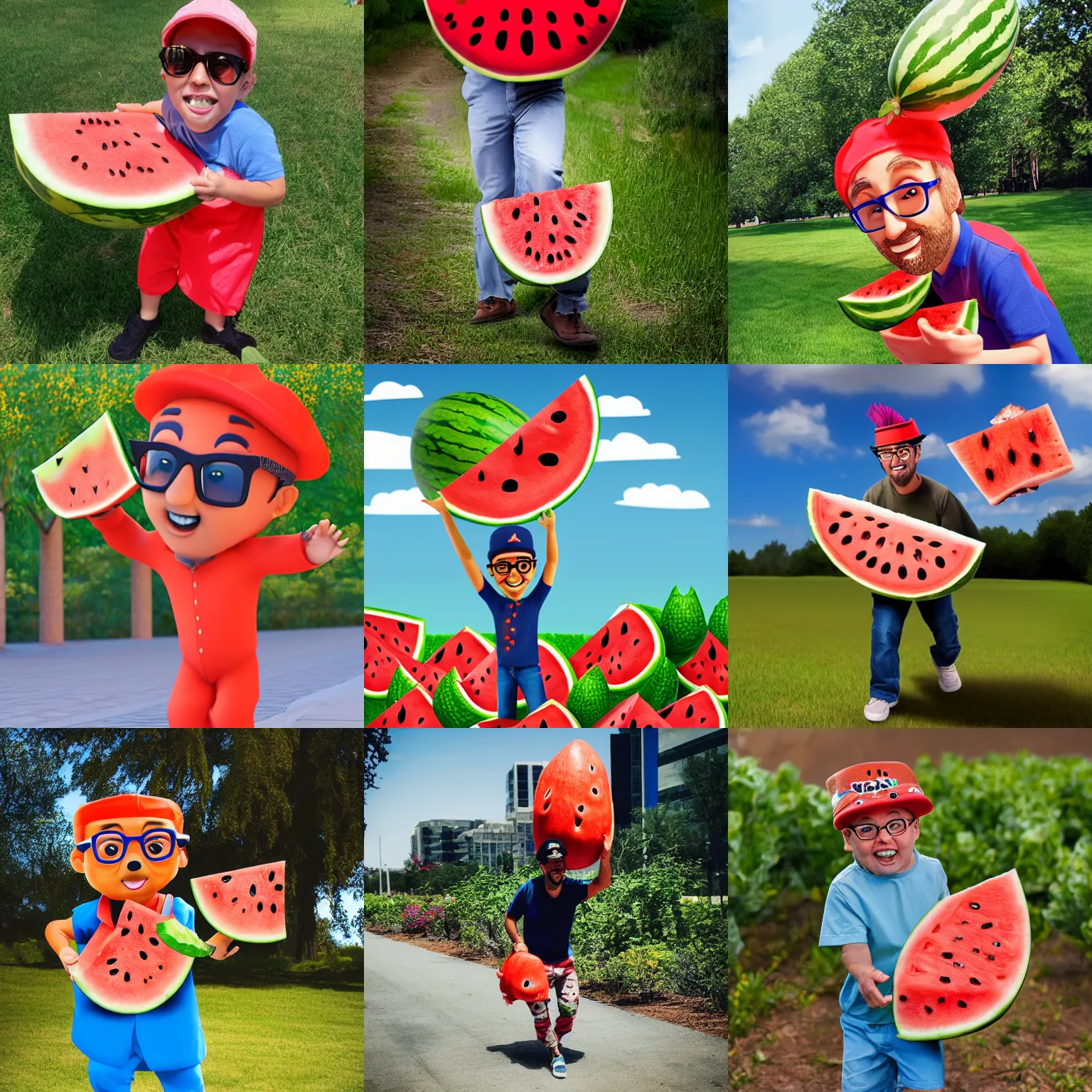 Prompt: blippi carrying a watermelon, photorealistic, 8k, award winning