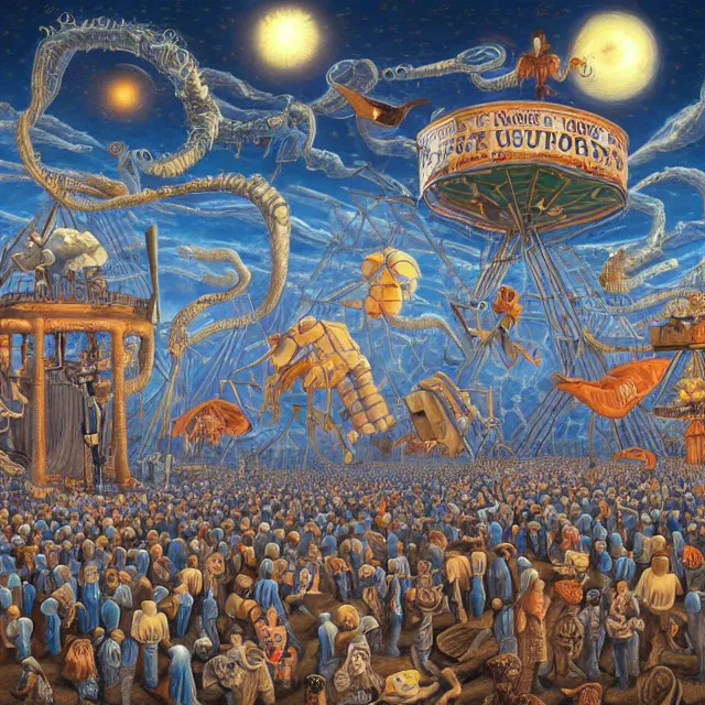 Prompt: the carnival of nightmares, polycount, surrealism, surrealist, cosmic horror, rob gonsalves, high detail
