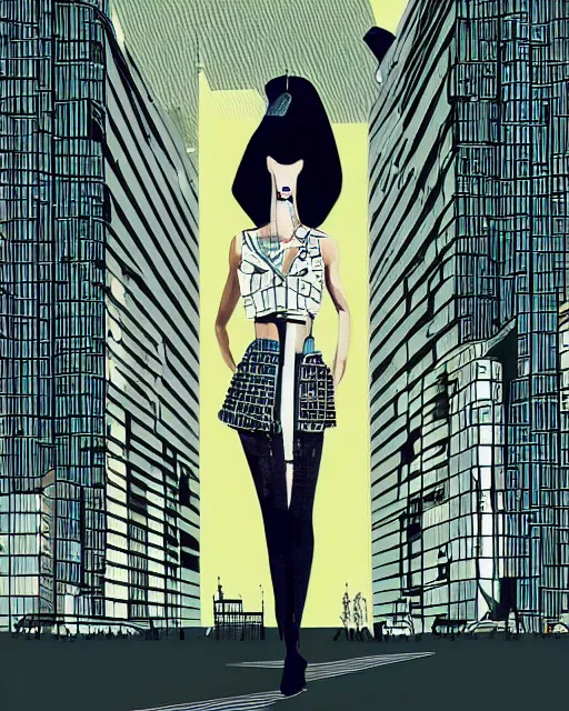 Image similar to cypherpunk fashion illustration, camera face, city street background with high tall buildings, abstract portrait highly detailed, finely detailed