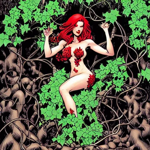 Image similar to dc comics poison ivy character sitting in a throne made of vines and trees art by frank cho, bill sienkiewicz, joe chiodo, bruce timm