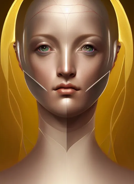 Image similar to portrait of female android, symmetry, intricate, elegant, highly detailed, smooth, sharp focus, concept art, digital painting, illustration, artstation, by fra angelico and sandro botticelli