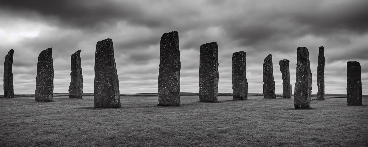 Prompt: figures stand amongst the neolithic standing stones of stenness, threatening, doom, apocalytic, sinister