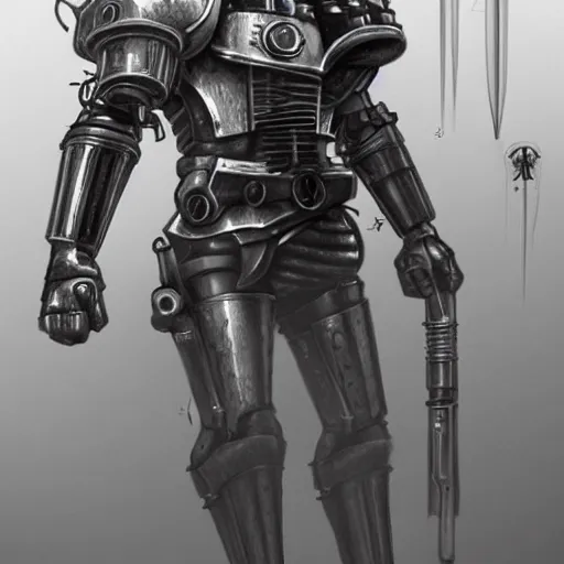 Prompt: pencil drawing, retrofuturism, medieval knight with cybernetic implants and steampunk devices, artstation cgsociety