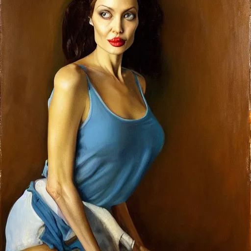 Image similar to oil painting of full - body angelina jolie posing as housepainter by alexander nikolayevich samokhvalov ну или norman percevel rockwell from 1 9 3 0 s