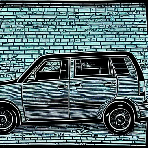 Prompt: 2 0 0 0 s grunge linocut of scion xb