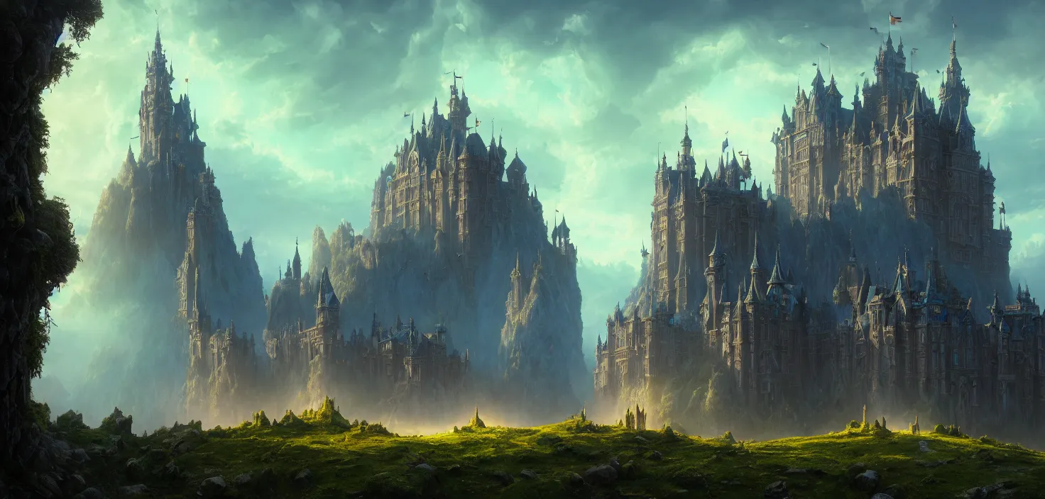 Prompt: an imposing and highly ornamented fantasy castle, carved from sapphire stone, cinematic view, epic sky, detailed, concept art, high detail, warm lighting, volumetric, godrays, vivid, beautiful, trending on artstation, by jordan grimmer, huge scene, grass, art greg rutkowski