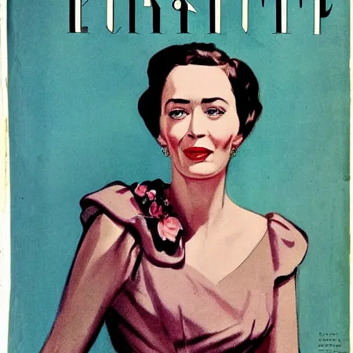 Image similar to “Emily Blunt portrait, color vintage magazine illustration 1950”