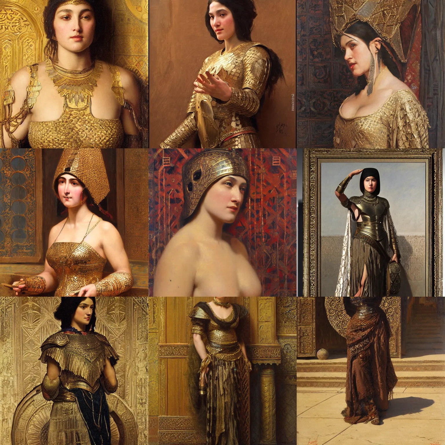 Prompt: orientalism woman wearing heavy armor by edwin longsden long and theodore ralli and nasreddine dinet and adam styka, masterful intricate artwork. oil on canvas, excellent lighting, high detail 8 k