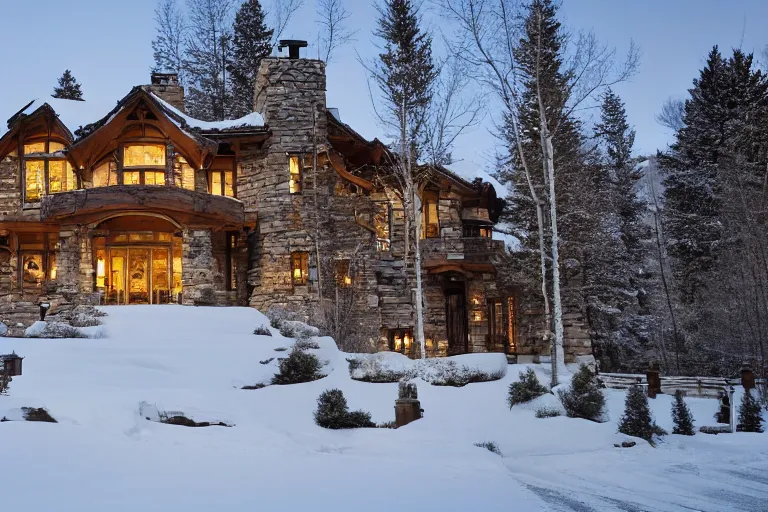 Image similar to a beautiful modern stone mansion in Aspen, golden hour, gentle snow, sunbeams, volumetric lighting, by Emmanuel Lubezki