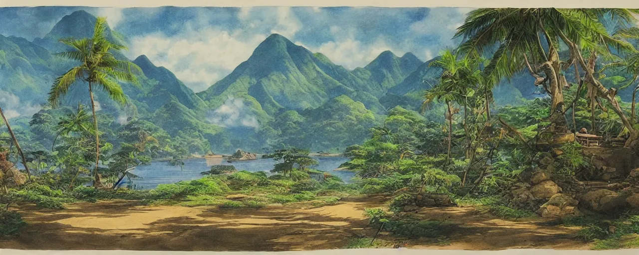 Prompt: a 2D drawing of a beautiful Philippine landscape, majestic and exotic by hiroshi yoshida