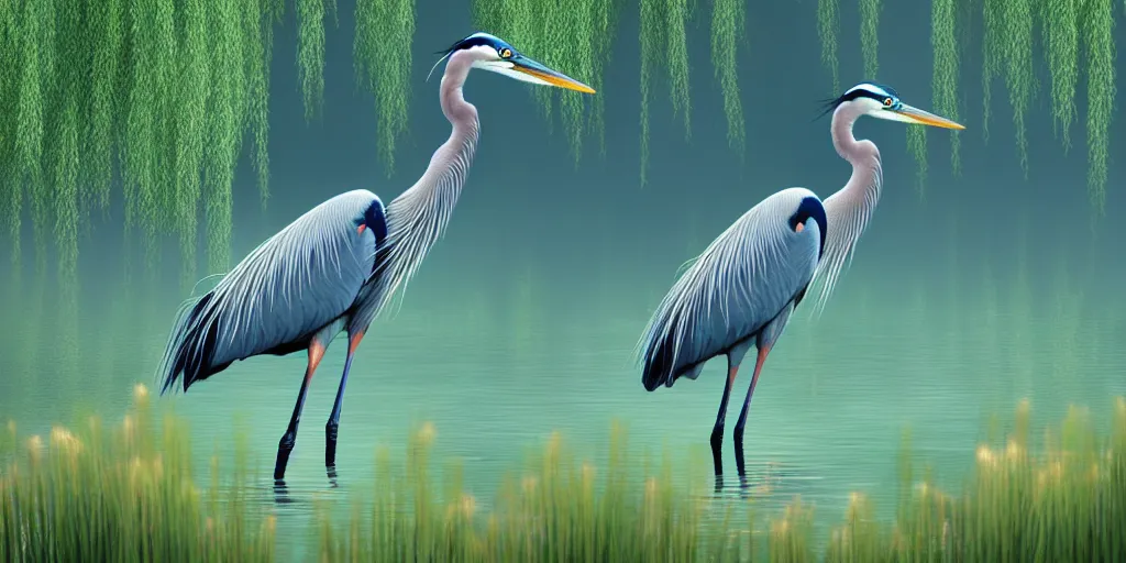 Prompt: a majestic blue heron in shallow river, willow trees, cherry blosom trees, lily pads, bullrushes, marsh, clouds, volumetric lighting, intricate, luminescent matte painting, highly detailed, artstation