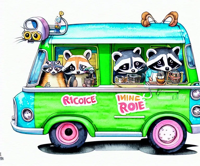 Image similar to cute and funny, racoon riding in a tiny ice cream truck with an oversized engine, ratfink style by ed roth, centered award winning watercolor pen illustration, isometric illustration by chihiro iwasaki, edited by range murata, tiny details by artgerm and watercolor girl, symmetrically isometrically centered, sharply focused