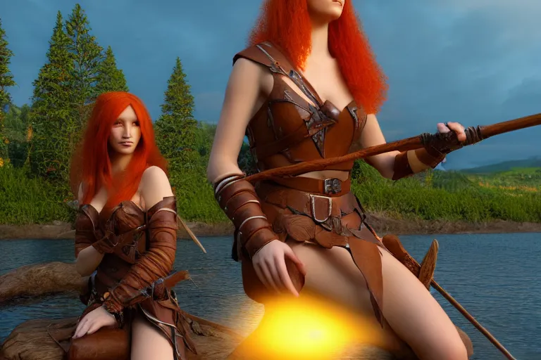 Prompt: beautiful female redhead elf warrior wearing tanned leather and a longbow and quiver on her back, sitting next to a beautiful lake at sunset, enjoying the wind, looking at the water. 8 k ultra realistic, award winning, unreal engine 5, masterpiece, atmosphere glow, hyperrealistic, focused, extreme details, cinematic